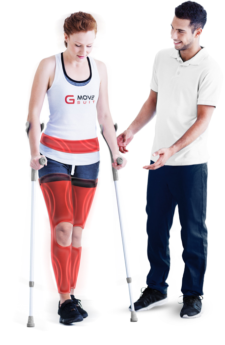 Femme en béquille avec les jambes rouges représentant les enveloppes GMOVE-SUIT